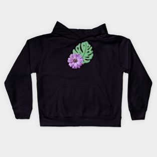 Monstera Leaf and Purple Daisy - Swiss Cheese Leaf Kids Hoodie